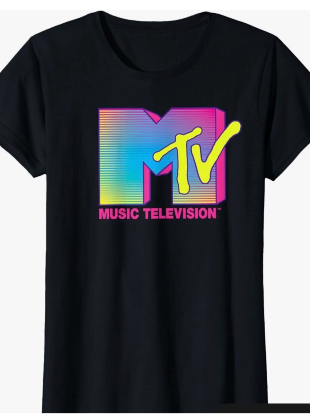 MTV Neon Gradient Logo Tee — Black with Yellow, Pink, Blue